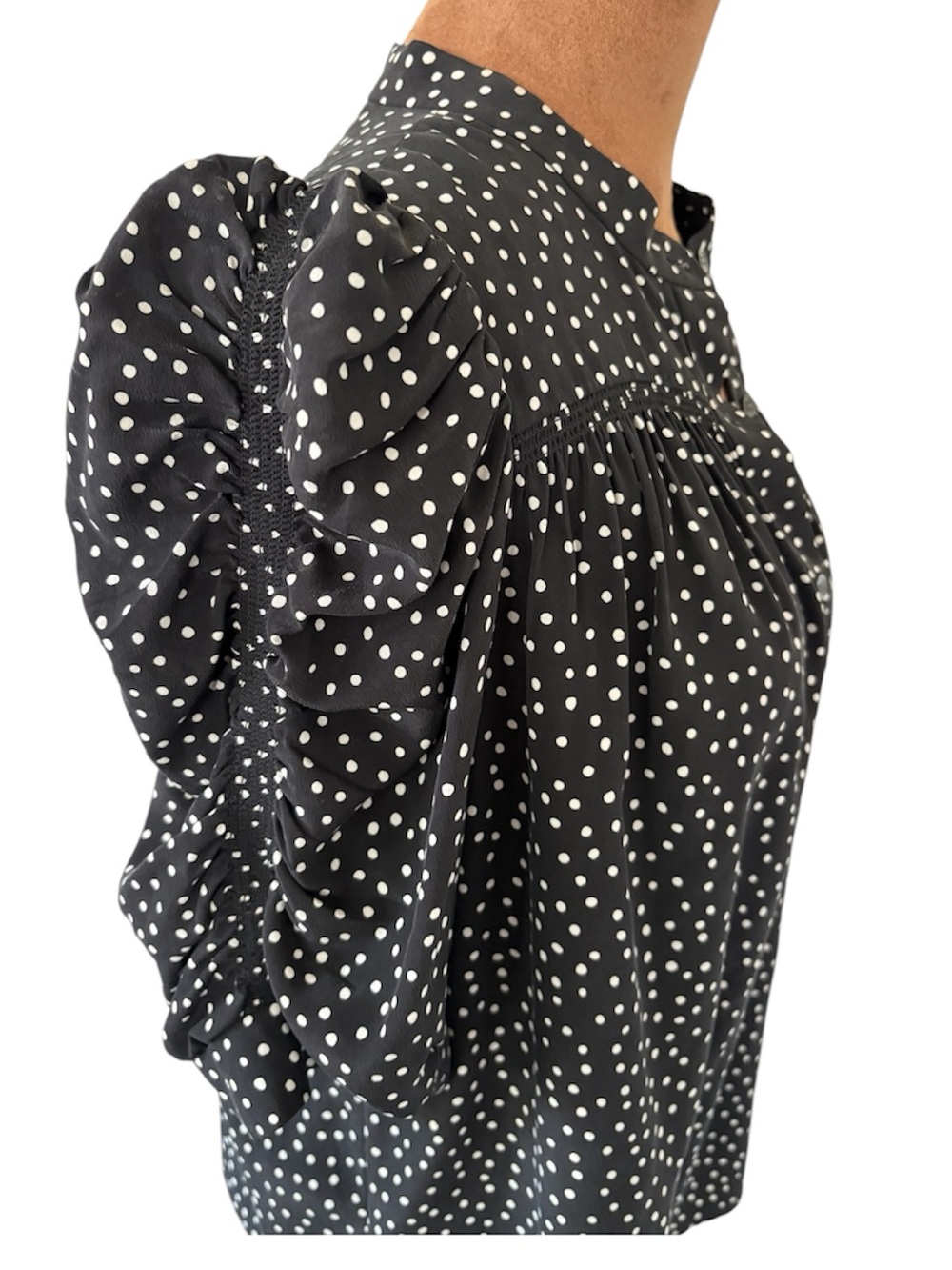 FRAME The Gillian 100% Silk Polka Dot Ruffle Sleeve Blouse Noir Multi Medium - Picture 2 of 7